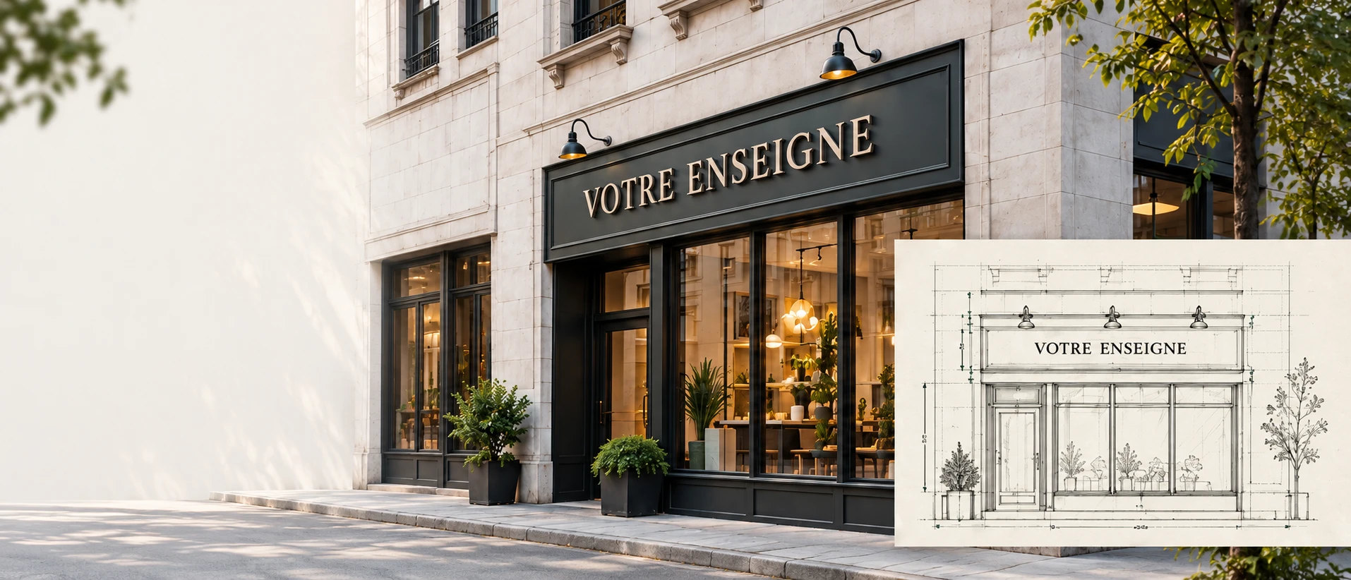 Illustration conceptuelle d’une façade commerciale et de son élévation architecturale