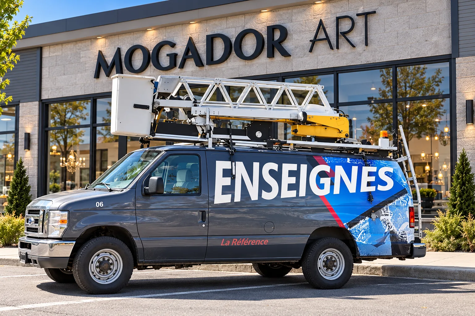 Illustration d’une installation d’enseigne avec camion nacelle