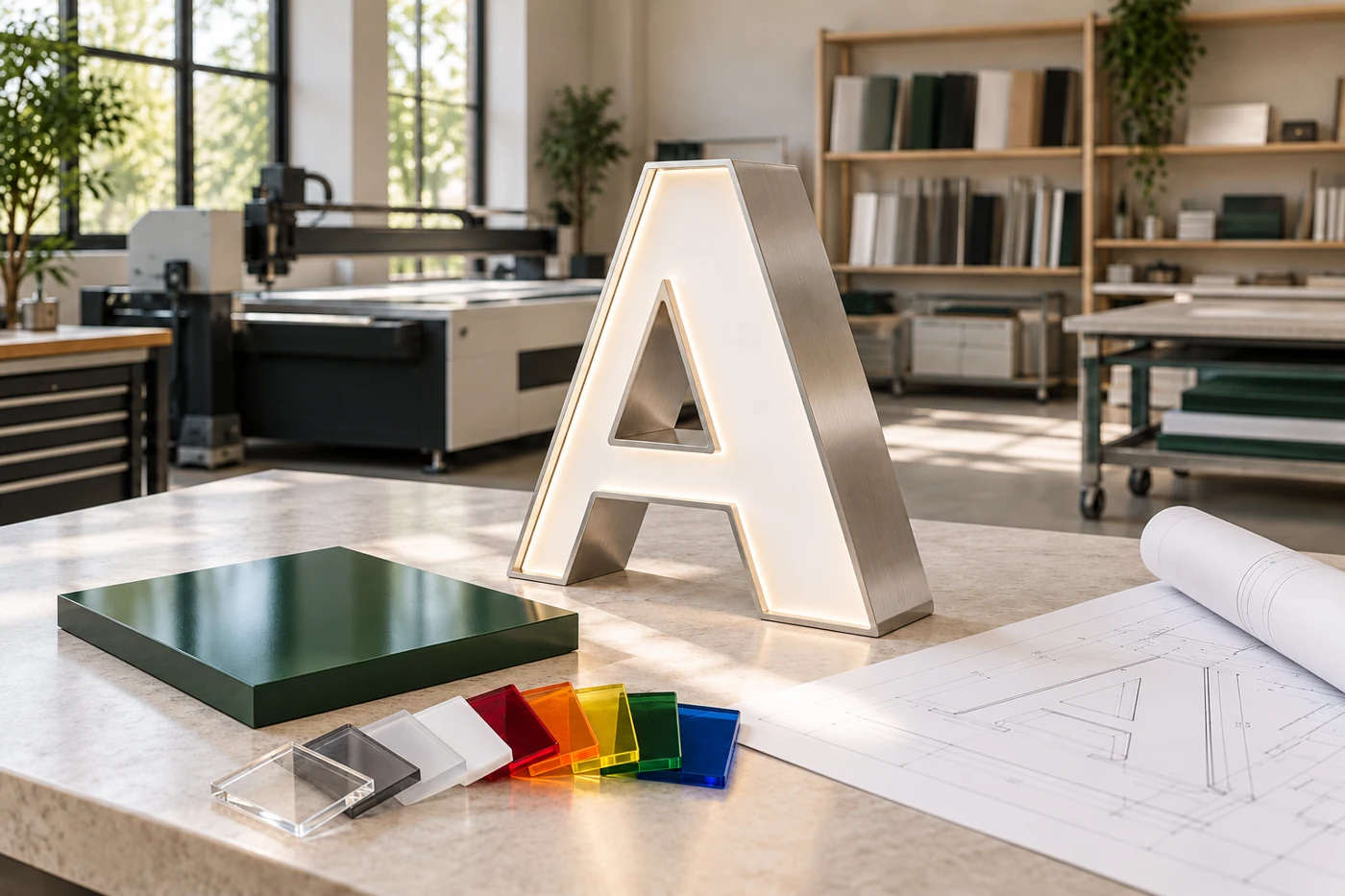 Illustration de fabrication d’enseignes : lettre lumineuse, plans et échantillons de plexiglas